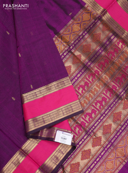 Kanchipuram silk cotton saree purple and pink with zari woven buttas and rettapet zari woven border