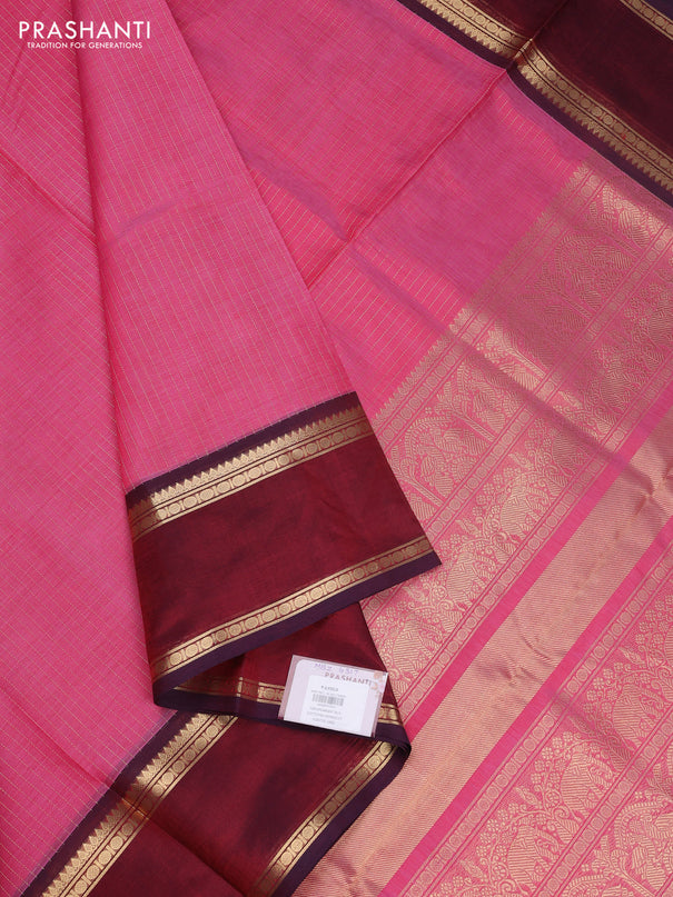 Kanchipuram silk cotton saree dual shade of red and maroon with allover zari stripe pattern and rettapet zari woven border