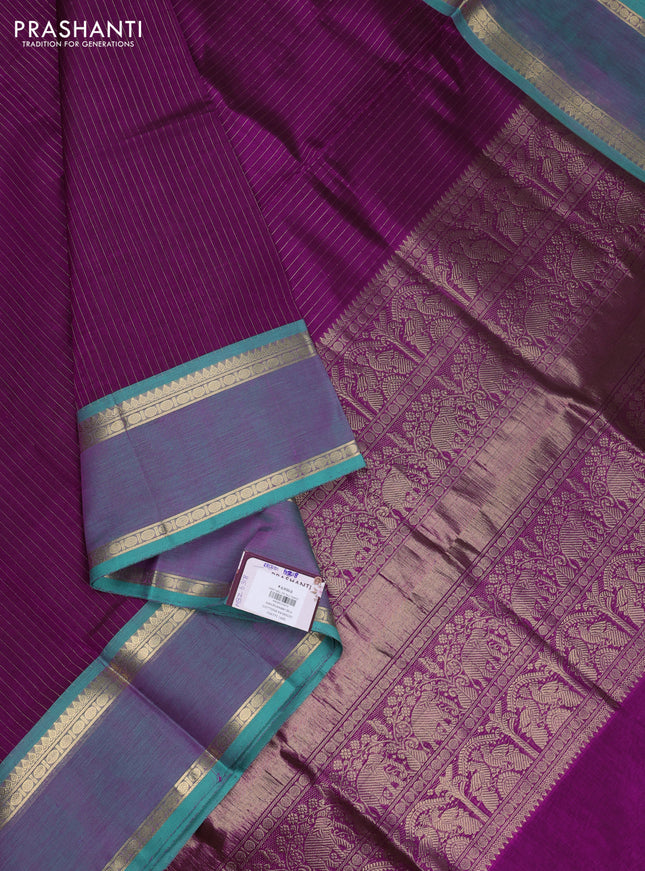 Kanchipuram silk cotton saree purple and teal green with allover zari stripe pattern and rettapet zari woven border