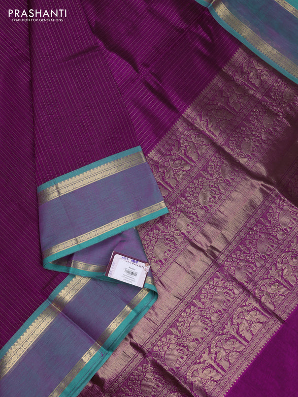 Kanchipuram silk cotton saree purple and teal green with allover zari stripe pattern and rettapet zari woven border