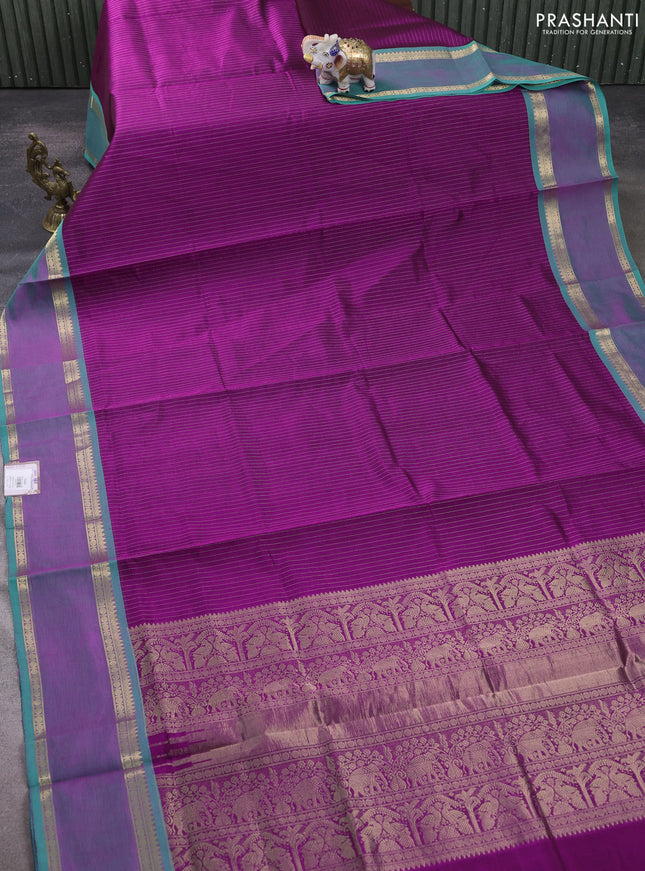Kanchipuram silk cotton saree purple and teal green with allover zari stripe pattern and rettapet zari woven border