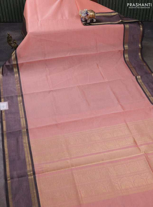 Kanchipuram silk cotton saree peach orange and black with allover zari stripe pattern and rettapet zari woven border