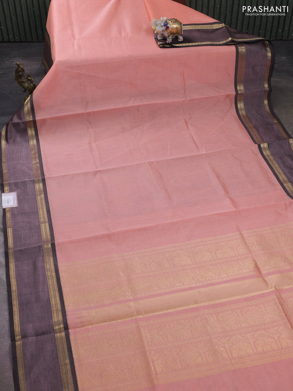 Kanchipuram silk cotton saree peach orange and black with allover zari stripe pattern and rettapet zari woven border