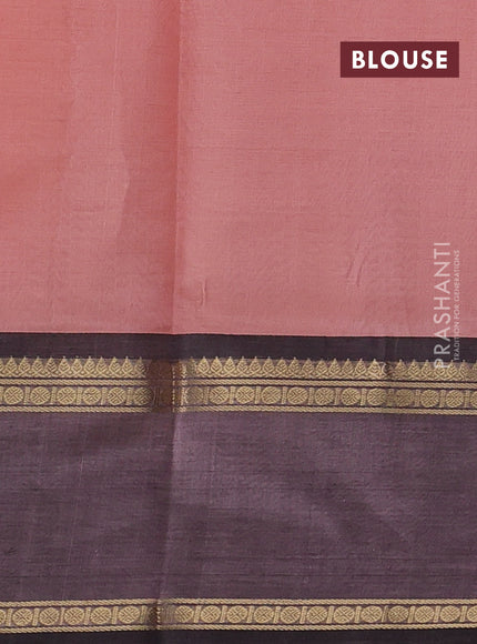 Kanchipuram silk cotton saree peach orange and black with allover zari stripe pattern and rettapet zari woven border