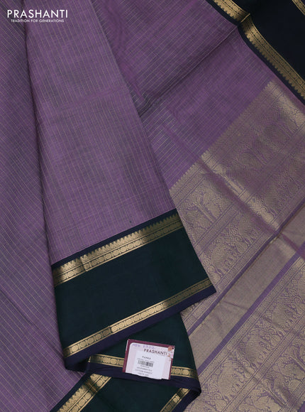 Kanchipuram silk cotton saree lavender and bottle green with allover zari stripe pattern and rettapet zari woven border