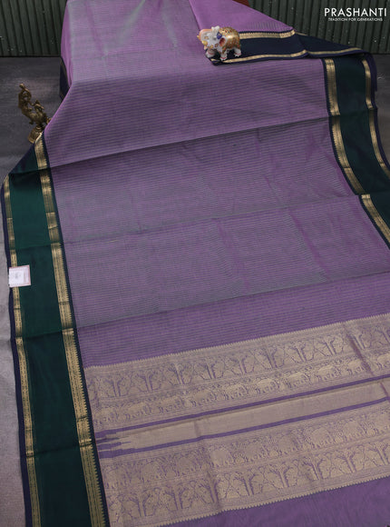 Kanchipuram silk cotton saree lavender and bottle green with allover zari stripe pattern and rettapet zari woven border