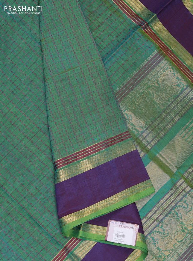 Kanchipuram silk cotton saree dual shade of bluish green and dual shade of maroon with allover thread checks & 1000 buttas and rettapet zari woven border