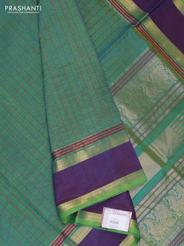 Kanchipuram silk cotton saree dual shade of bluish green and dual shade of maroon with allover thread checks & 1000 buttas and rettapet zari woven border