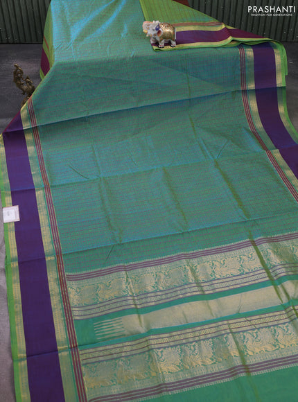 Kanchipuram silk cotton saree dual shade of bluish green and dual shade of maroon with allover thread checks & 1000 buttas and rettapet zari woven border