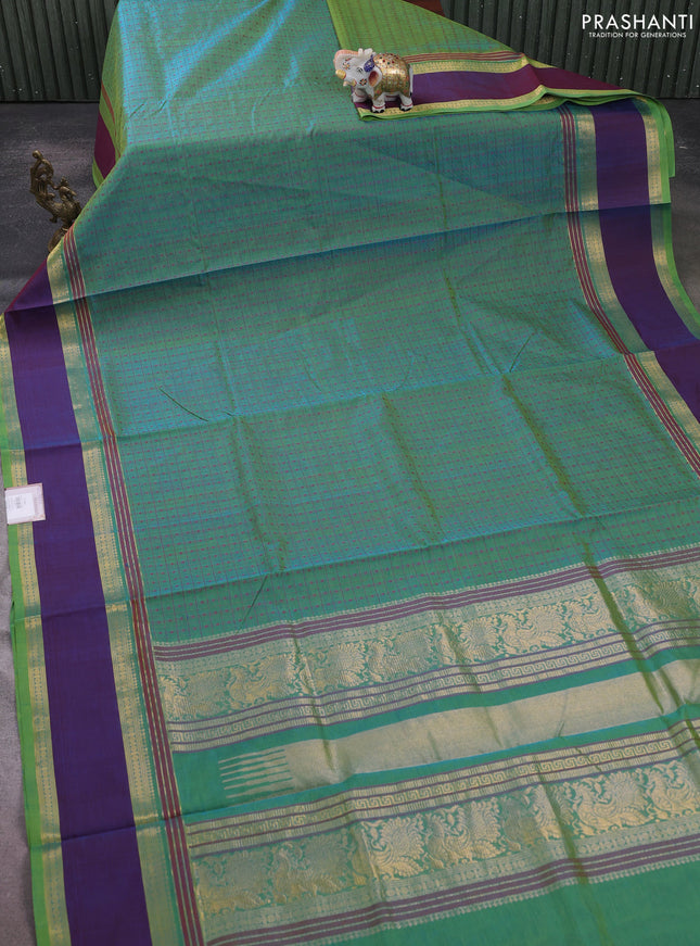 Kanchipuram silk cotton saree dual shade of bluish green and dual shade of maroon with allover thread checks & 1000 buttas and rettapet zari woven border