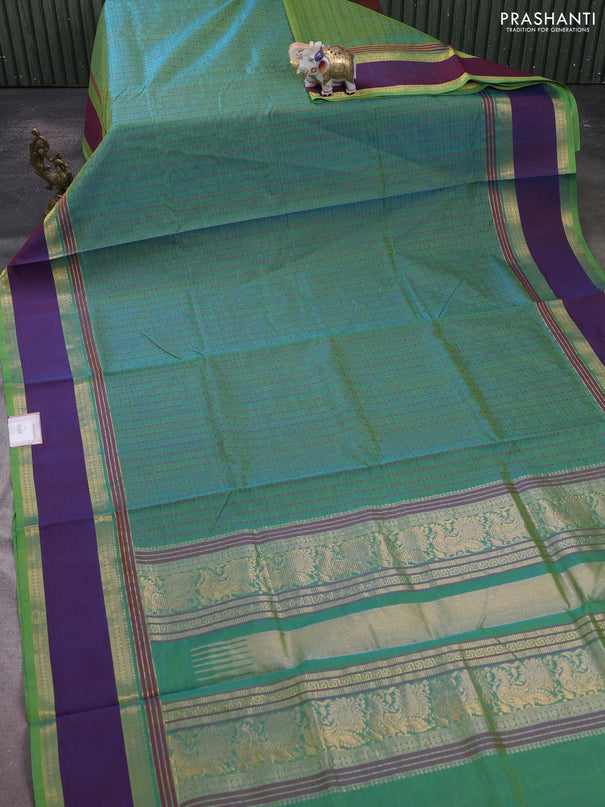Kanchipuram silk cotton saree dual shade of bluish green and dual shade of maroon with allover thread checks & 1000 buttas and rettapet zari woven border