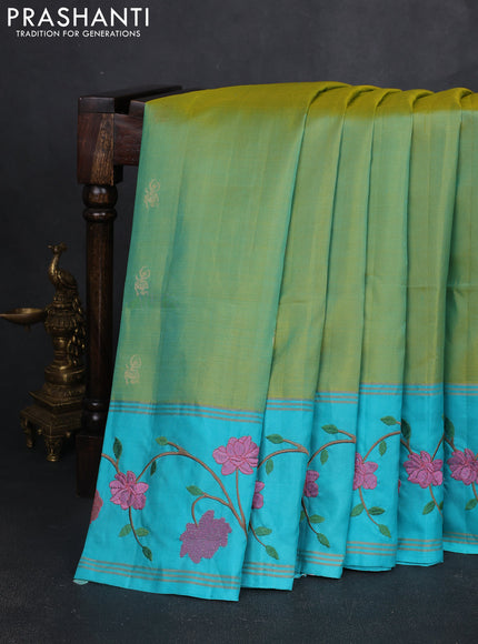 Pure soft silk saree dual shade of pista green and teal blue with annam zari woven buttas and zari woven embroidery border