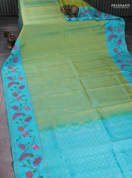 Pure soft silk saree dual shade of pista green and teal blue with annam zari woven buttas and zari woven embroidery border