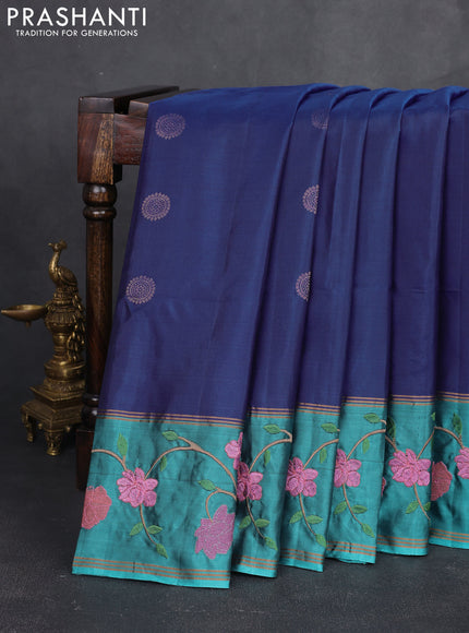 Pure soft silk saree royal blue and teal blue with annam zari woven buttas and zari woven embroidery border
