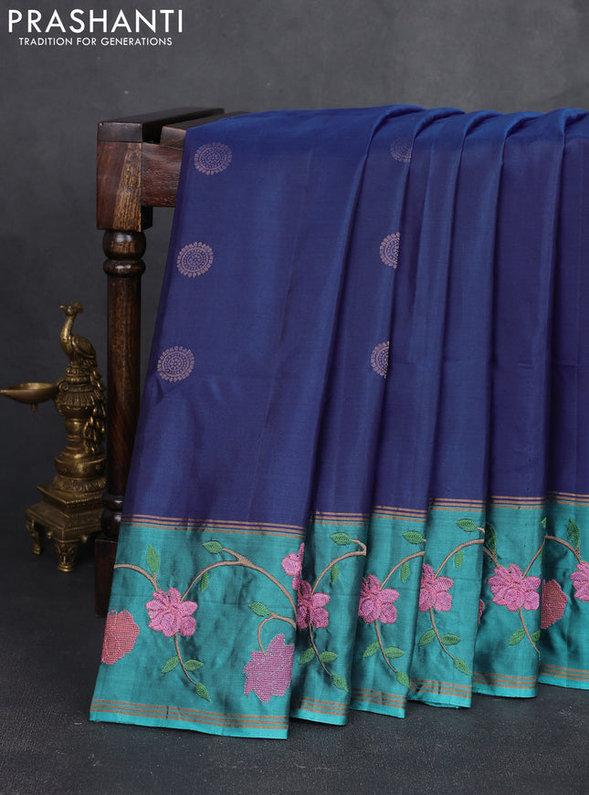 Pure soft silk saree royal blue and teal blue with annam zari woven buttas and zari woven embroidery border