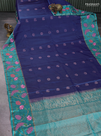 Pure soft silk saree royal blue and teal blue with annam zari woven buttas and zari woven embroidery border