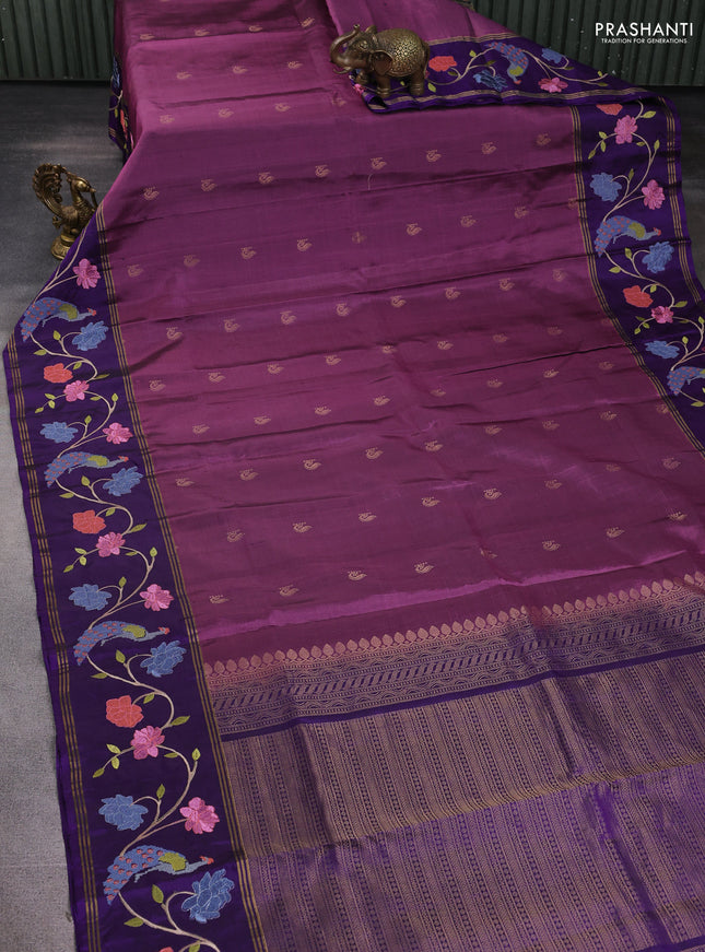 Pure soft silk saree purple shade and violet with annam zari woven buttas and zari woven embroidery border