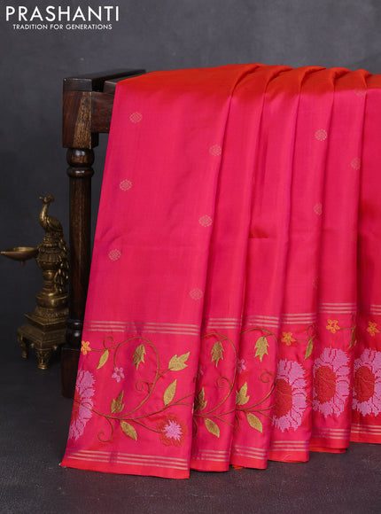 Pure soft silk saree dual shade of pinkish orange with zari woven buttas and zari woven embroidery border