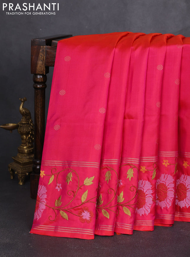 Pure soft silk saree dual shade of pinkish orange with zari woven buttas and zari woven embroidery border