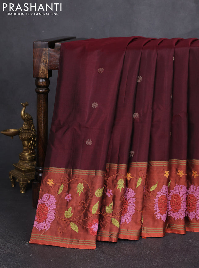 Pure soft silk saree maroon and rustic orange with zari woven buttas and zari woven embroidery border