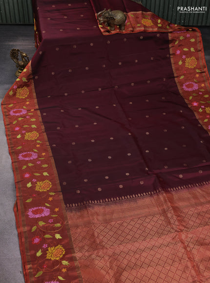 Pure soft silk saree maroon and rustic orange with zari woven buttas and zari woven embroidery border