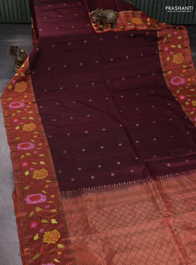 Pure soft silk saree maroon and rustic orange with zari woven buttas and zari woven embroidery border