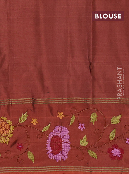 Pure soft silk saree maroon and rustic orange with zari woven buttas and zari woven embroidery border
