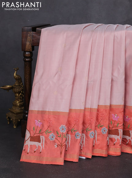 Pure soft silk saree dual shade of mild peach and orange with zari woven buttas and zari woven embroidery border