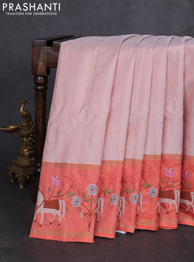 Pure soft silk saree dual shade of mild peach and orange with zari woven buttas and zari woven embroidery border
