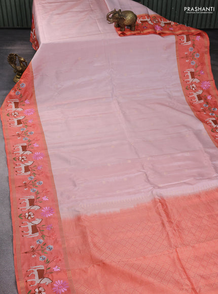 Pure soft silk saree dual shade of mild peach and orange with zari woven buttas and zari woven embroidery border