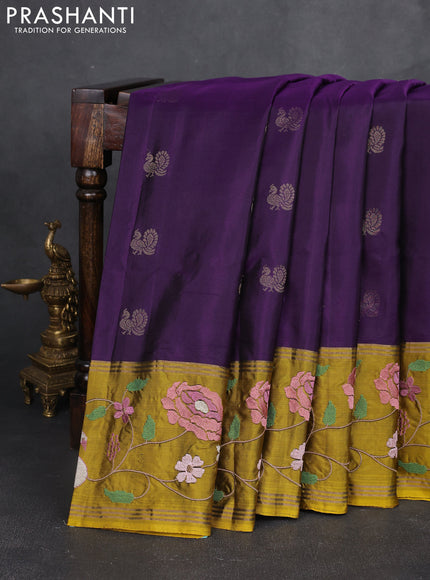 Pure soft silk saree purple and mustard yellow with annam zari woven buttas and zari woven embroidery border