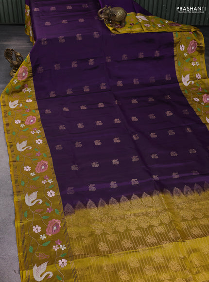 Pure soft silk saree purple and mustard yellow with annam zari woven buttas and zari woven embroidery border