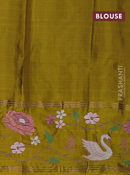 Pure soft silk saree purple and mustard yellow with annam zari woven buttas and zari woven embroidery border