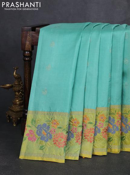 Pure soft silk saree teal blue and dual shade of yellow with zari woven buttas and zari woven embroidery border