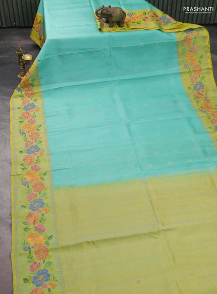 Pure soft silk saree teal blue and dual shade of yellow with zari woven buttas and zari woven embroidery border
