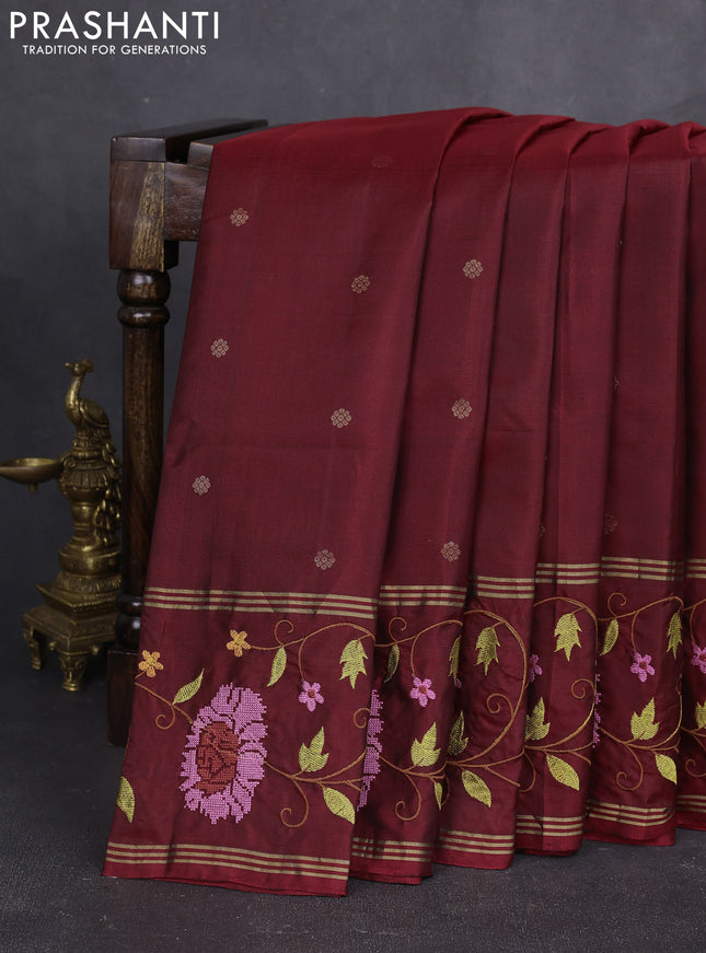 Pure soft silk saree maroon with zari woven buttas and zari woven embroidery border