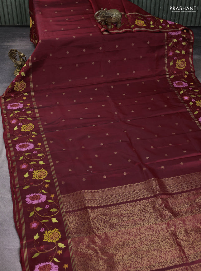 Pure soft silk saree maroon with zari woven buttas and zari woven embroidery border