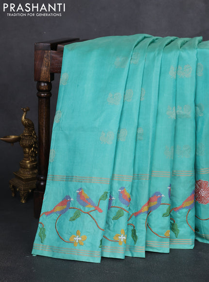 Pure soft silk saree teal blue and teal green with annam zari woven buttas and zari woven embroidery border