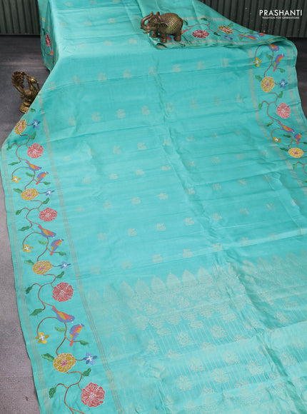Pure soft silk saree teal blue and teal green with annam zari woven buttas and zari woven embroidery border