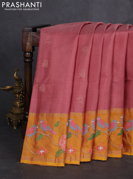 Pure soft silk saree dark peach and mustard yellow with zari woven buttas and zari woven embroidery border