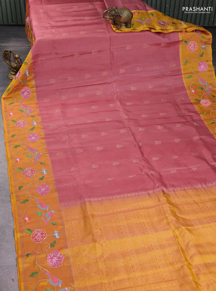 Pure soft silk saree dark peach and mustard yellow with zari woven buttas and zari woven embroidery border