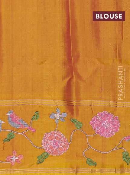 Pure soft silk saree dark peach and mustard yellow with zari woven buttas and zari woven embroidery border