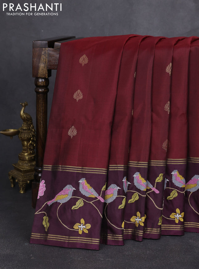 Pure soft silk saree maroon and wine shade with zari woven buttas and zari woven embroidery border