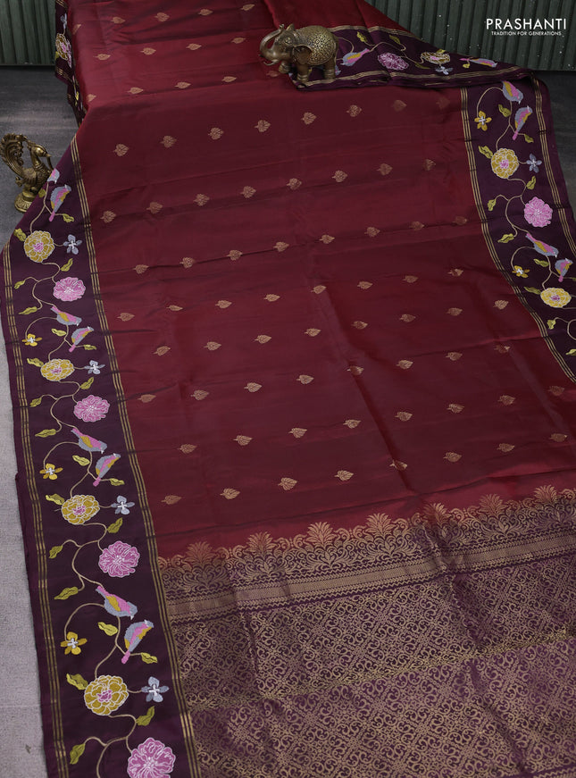 Pure soft silk saree maroon and wine shade with zari woven buttas and zari woven embroidery border