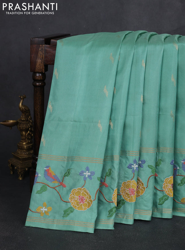 Pure soft silk saree teal green shade with zari woven buttas and zari woven embroidery border