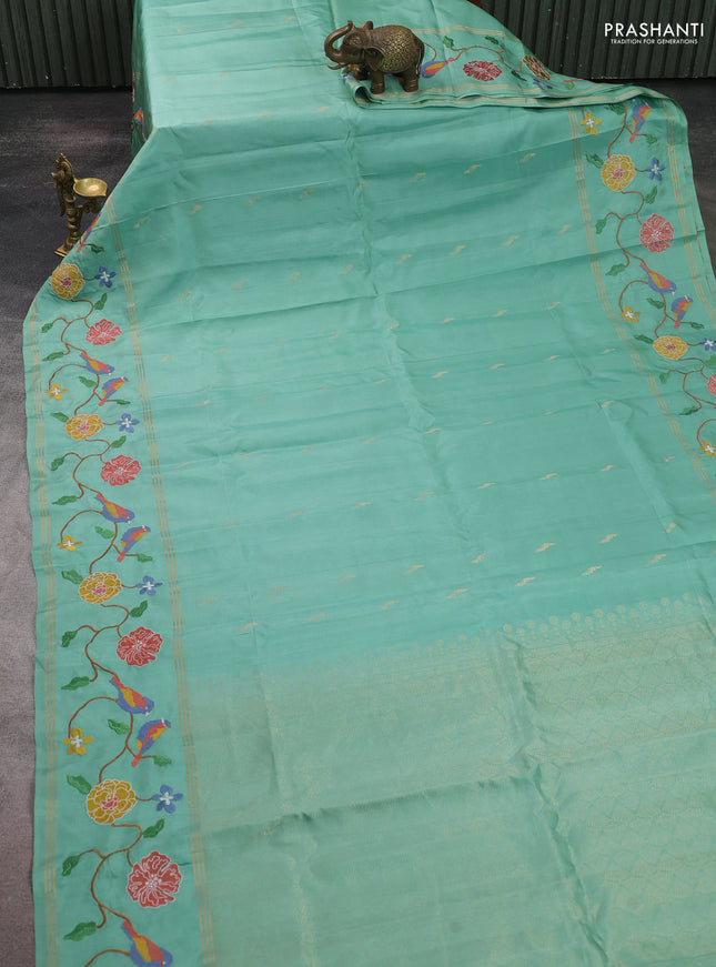 Pure soft silk saree teal green shade with zari woven buttas and zari woven embroidery border