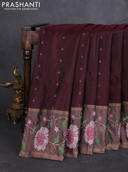 Pure soft silk saree deep maroon and pastel brown with allover zari woven buttas and zari woven embroidery border