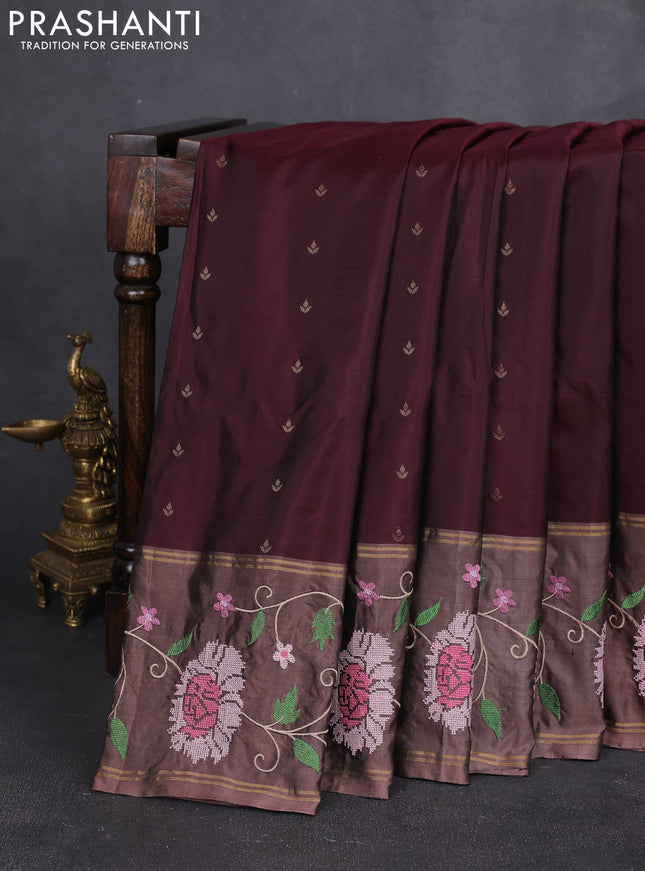 Pure soft silk saree deep maroon and pastel brown with allover zari woven buttas and zari woven embroidery border