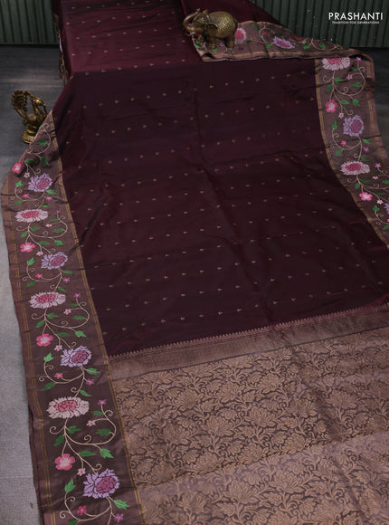 Pure soft silk saree deep maroon and pastel brown with allover zari woven buttas and zari woven embroidery border