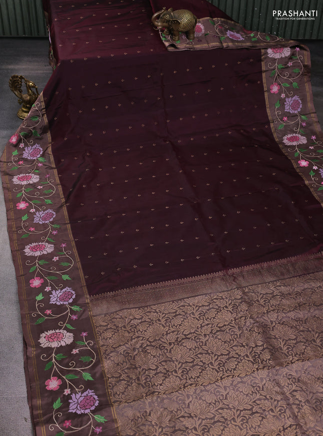 Pure soft silk saree deep maroon and pastel brown with allover zari woven buttas and zari woven embroidery border